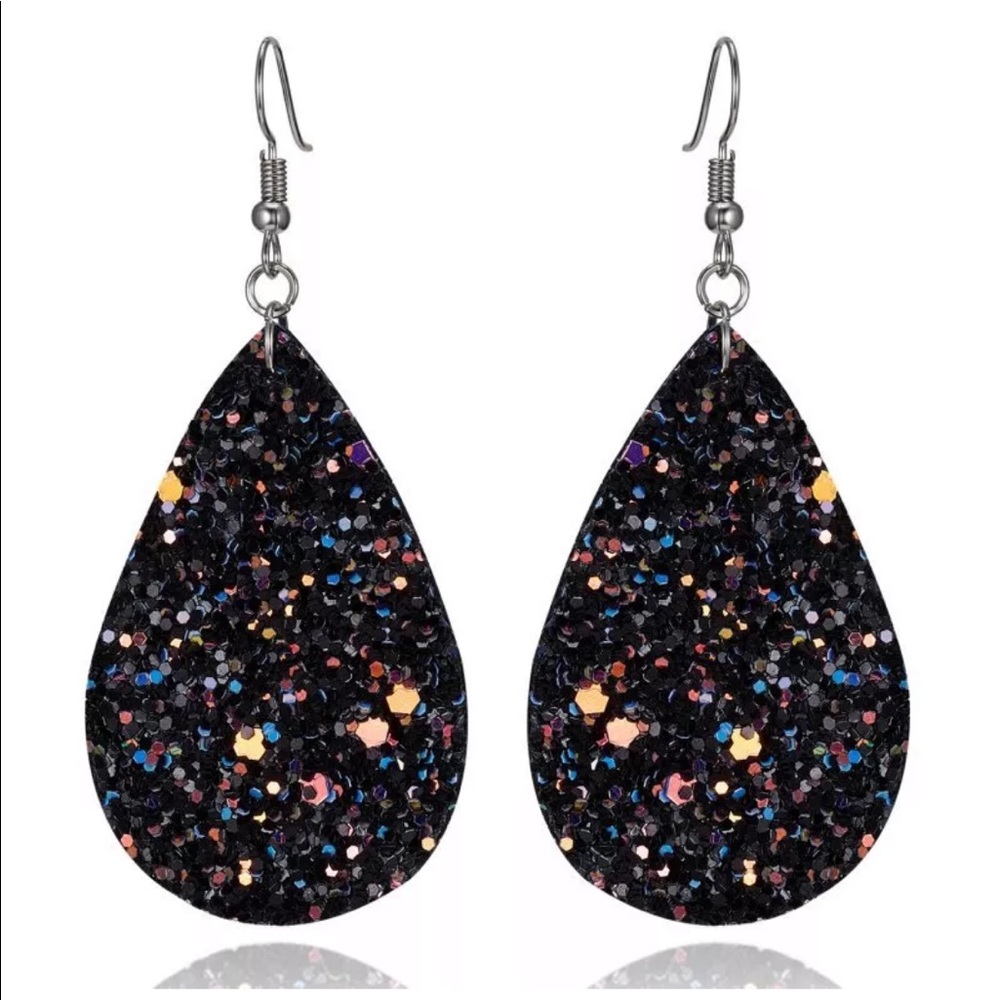 Black Sparkle Teardrop Leather Earrings - Picture 4 of 4